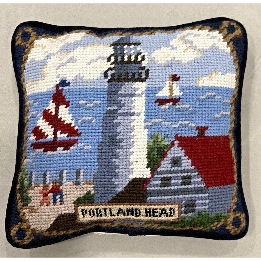 Portland Head Nautical Needlepoint Lighthouse Throw Pillow Wool Approx 8x8